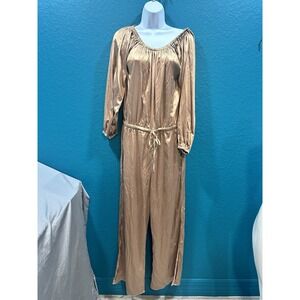 Boston Proper Gold Metallic Satin Long Sleeve Jumpsuit L